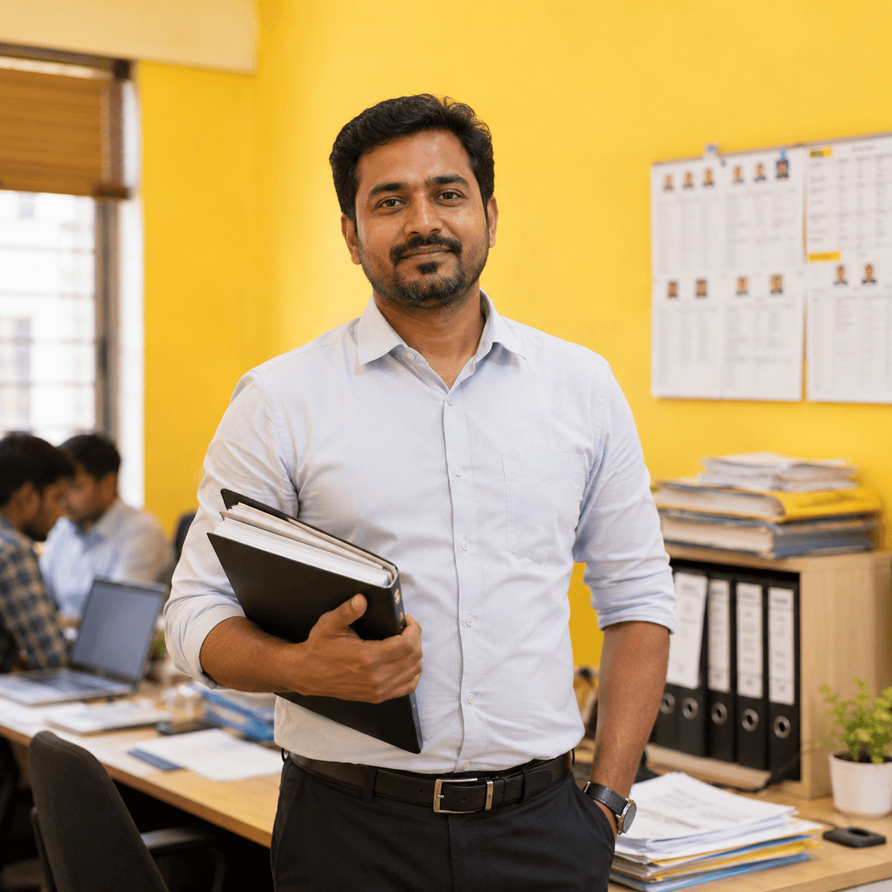 Staffing vendor ready with documents in a modern office